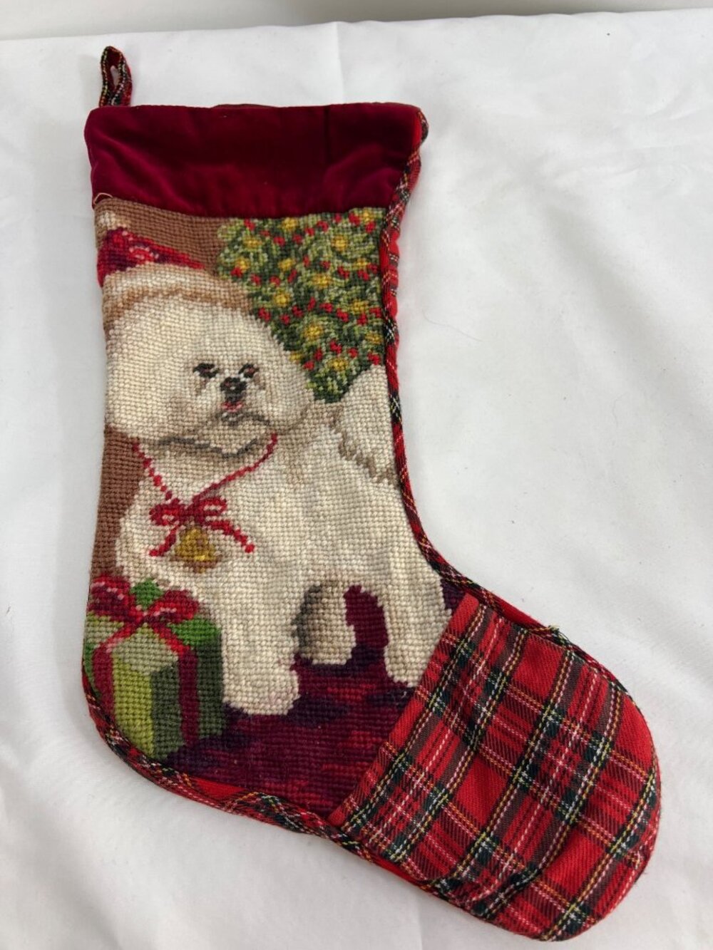 VTG Needlepoint Christmas Stocking Wool Bichon Frise & Tartan Plaid Backing